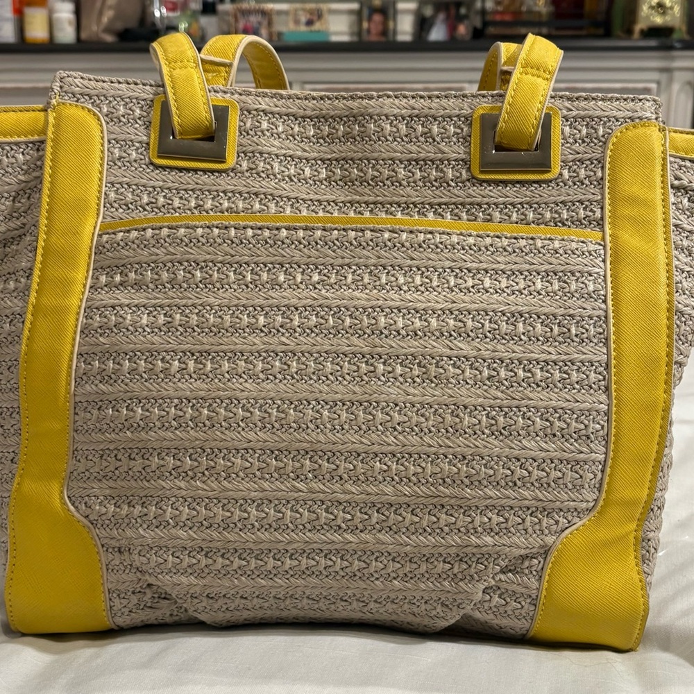 Simply Vera Vera Wang Cream and Yellow Tote Bag with Woven Textured Design